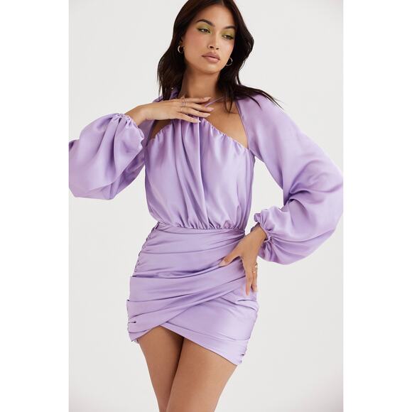 House of CB Kate Orchid Satin Wrap Front Mini Dress Size S Small - Picture 3 of 10